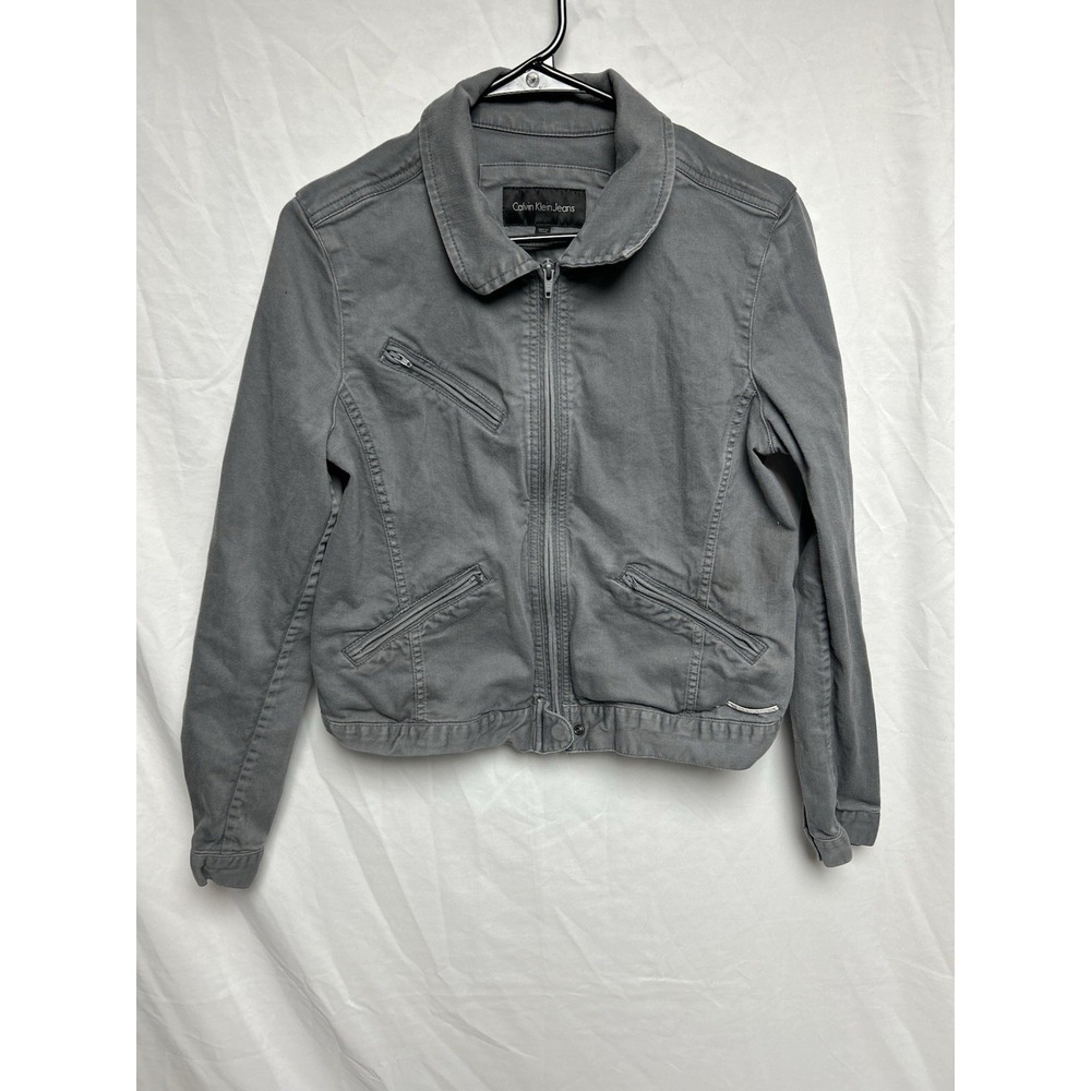 Calvin Klein Jeans Moto Utility Jacket Full Zip Gray Denim Military Womens Large